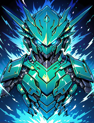 head and shoulder portrait, 1 dragon  robot, (solo robot:2) , mechanical features, mechanical joints, fantasy, dark background, giant robot, green and blue color scheme, symmetrical features