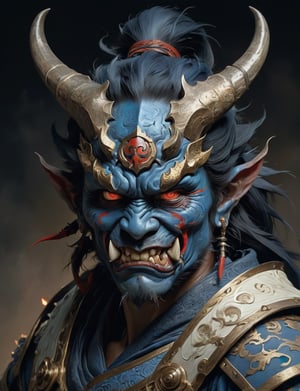 A male, blue phantom, painted oni face, dragon helm, large sharp teeth, wearing intricate samurai armor . red eyes, Best quality rendering, serious face expression. Dark night,cinematic lighting,dark art ,Fog, head and shoulders portrait , hyper-detailed oil painting, art by Greg Rutkowski and (Norman Rockwell:1.5) , illustration style, symmetry , mideval dungeon setting , huayu