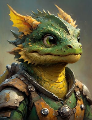 (close up, head and shoulders portrait:1.3), anthromorphic toad dragon, futuristic power armor, bounty hunter , green and yellow color scheme , Disney pixar style