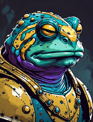 (close up, head and shoulders portrait:1.3), yellow and teal, (anthromorphic toad:1.6), wearing blue and violet sci-fi polycarbonate armor, (strong outline sketch style:1.5), gritty fantasy, (darkest dungeon art style :1.4), dark muted background, detailed