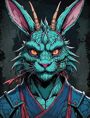 (close up, head and shoulders portrait:1.5), red, teal, blue, violet gradient ,(anthromorphic dragon rabbit :1.5), samurai, wearing samurai armor, (strong outline sketch style:1.5), symmetrical features, gritty fantasy, (darkest dungeon art style :1.4), dark muted background, detailed,one_piece_wano_style,Dark Manga of