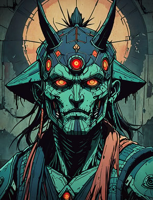 (close up, head and shoulders portrait:1.5), red, orange, green, teal, aqua, blue, violet gradient ,(anthromorphic pyramid robot :1.5), samurai, wearing samurai armor, (strong outline sketch style:1.5), symmetrical features, gritty fantasy, (darkest dungeon art style :1.4), dark muted background, detailed, one_piece_wano_style, Dark Manga of,anime screencap,Dark Anime of