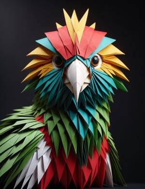 (head and shoulders portrait:2), (angry glaring villian paper bird parrot:2), menacing expression, wearing super hero outfit, made out of folded paper, origami,  light and delicate tones, clear contours, cinematic quality, dark background, highly detailed, chiaroscuro, ral-orgmi