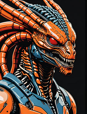 (close up, head and shoulders portrait:1.5), An extremely detailed 1970s retro-future anthropomorphic (xenomorph alien :1.2) (manticore :1.4) robot, centered, (strong outline sketch style:1.5), (flat silkscreen art style:1.9), (solid dark background:1.2), (red, orange, sapphire, black and white tones), masterpiece, epic, by pascal blanche rutkowski repin artstation painting concept art of detailed character design matte painting, 4 k resolution blade runner, dark muted background, detailed, comic book,dcas_lora