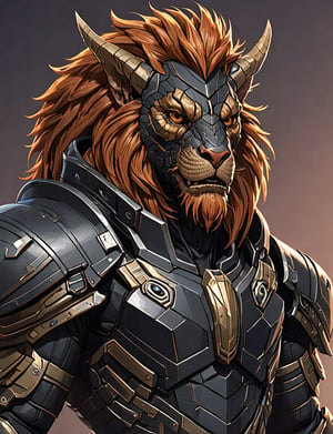 (head and shoulders portrait:1.2), Sci-Fi. (anthropomorphic manticore :1.3), athletic build. wearing futuristic and highly cybernetic black armor. Inspired by the art of Destiny 2 and the style of Guardians of the Galaxy
