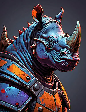 (close up, head and shoulders portrait:1.3), orange and red gradient , (anthromorphic rhino lizard :1.6), wearing blue and violet sci-fi polycarbonate armor, (strong outline sketch style:1.5), gritty fantasy, (darkest dungeon art style :1.4), dark muted background, detailed