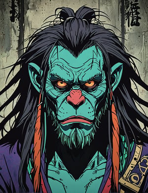 (close up, head and shoulders portrait:1.5), red, orange, green, teal, aqua, blue, violet gradient ,(anthromorphic gelada :1.5), samurai, wearing samurai armor, (strong outline sketch style:1.5), symmetrical features, gritty fantasy, (darkest dungeon art style :1.4), dark muted background, detailed, one_piece_wano_style, Dark Manga of,anime screencap,Dark Anime of