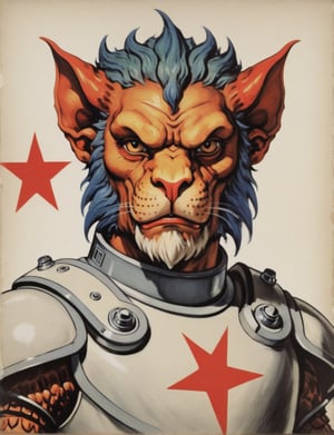 Soviet communist retro painted poster with a head and shoulders portrait, anthropomorphic manticore wearing sci-fi armor 