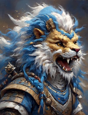 (close up, head and shoulders portrait:1.3), anthromorphic ( oriental lion :1.2) dragon, samurai , long mustache, samurai armor , blue, yellow, white and black color scheme , Disney pixar style