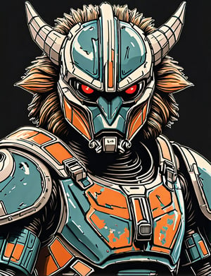 (close up, head and shoulders portrait:1.5), An extremely detailed 1970s retro-future anthropomorphic (mandolorian:1.2) (manticore :1.4) robot, centered, (strong outline sketch style:1.5), (flat silkscreen art style:1.9), (solid dark background:1.2), (retro color scheme), masterpiece, epic, by pascal blanche rutkowski repin artstation painting concept art of detailed character design matte painting, 4 k resolution blade runner, dark muted background, detailed, comic book,dcas_lora