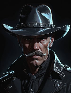 (head and shoulders portrait:1.2), Lee Marvin as vampire cowboy , (wide handlebar mustache:1.3), cowboy hat , holographic glowing eyes, wearing power armor outfit , (outline sketch style:1.5), surreal fantasy, close-up view, chiaroscuro lighting, no frame, hard light,Expressiveh,concept art,dark theme