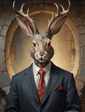 creative magic creature art, creature fusion ( rabbit :1.8) (mantis :1.4), long beard, (antlers:2), wearing business suit, glowing eyes, head and shoulders portrait , hyper-detailed oil painting, art by Greg Rutkowski and (Norman Rockwell:1.5) , illustration style, symmetry , inside a medieval dungeon, cracked stone walls , huayu