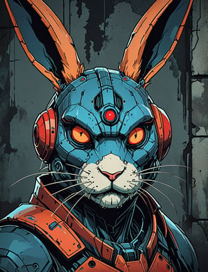 (close up, head and shoulders portrait:1.5), red, orange, blue gradient ,(anthropomorphic cyclops rabbit biomechanical robot :1.5), (angular shapes:1.7), samurai, wearing samurai armor, (strong outline sketch style:1.5), symmetrical features, gritty fantasy, (darkest dungeon art style :1.4), dark muted background, detailed, Dark Manga of,Dark Anime of