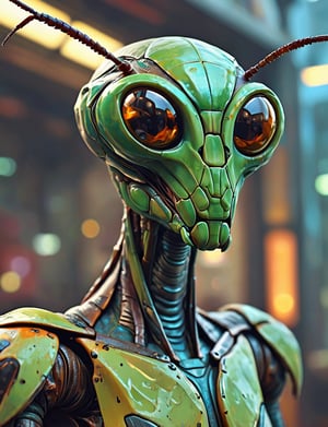 (close up, head and shoulders portrait:1.3), (anthromorphic mantis :1.6), wearing sci-fi polycarbonate armor , "The overall effect is a blend of impressionism and abstraction, creating a rich, immersive setting. The scene should feature a realist selective focus on main subject. In contrast, the background should transition into an abstract, painterly environment. The atmosphere should be hazy and diffuse, contributing to an ethereal and somewhat dystopian feel. Background impressionistic style to emphasize mood and atmosphere over detailed realism. The colors in the background include shades of rich, vibrant hues with dramatic contrasts, featuring deep, earthy tones and vivid highlights, blending seamlessly with cooler hues like blues and greys. Use muted accents like rusty orange-yellows, and rusty teals to highlight tiny areas and add visual interest. Use this blend of subdued and bold colors to emphasize the gritty nature of the scene."