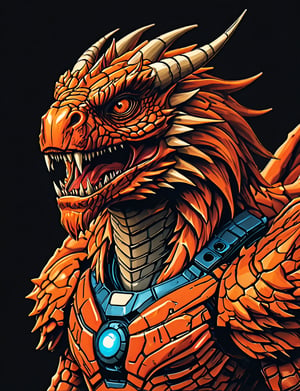 (close up, head and shoulders portrait:1.5), An extremely detailed 1970s retro-future anthropomorphic (Smaug:1.2) (manticore :1.4) robot, centered, (strong outline sketch style:1.5), (flat silkscreen art style:1.9), (solid dark background:1.2), (red, orange, sapphire, black and white tones), masterpiece, epic, by pascal blanche rutkowski repin artstation painting concept art of detailed character design matte painting, 4 k resolution blade runner, dark muted background, detailed, comic book,dcas_lora