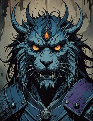(close up, head and shoulders portrait:1.5), tangerine, onyx, blue, violet gradient , (anthromorphic manticore :1.5), samurai wearing samurai armor, (strong outline sketch style:1.5), symmetrical features, gritty fantasy, (darkest dungeon art style :1.4), dark muted background, detailed,Dark Manga of