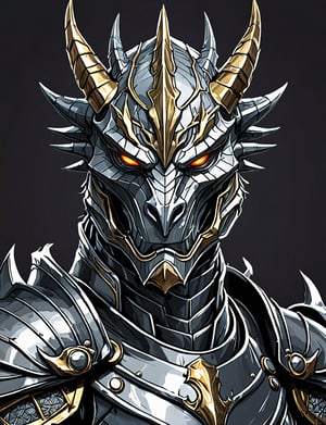 (close up, head and shoulders portrait:1.5), anthropomorphic dragon knight, wearing gleaming armor, wearing crown, centered, (strong outline sketch style:1.3), dark background, muted colors, detailed, comic book