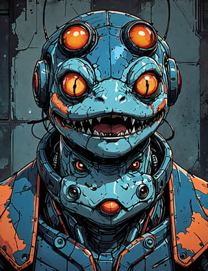 (close up, head and shoulders portrait:1.5), red, orange, blue gradient ,(anthropomorphic toad biomechanical robot :1.5), (angular shapes:1.7), samurai, wearing samurai armor, (strong outline sketch style:1.5), symmetrical features, gritty fantasy, (darkest dungeon art style :1.4), dark muted background, detailed, Dark Manga of,Dark Anime of,comic book