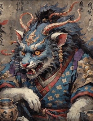 (close up, head and shoulders portrait:1.3), (anthromorphic displacer beast :1.6), oni_horns, samurai , samurai armor , brown, blue, violet , white and black color scheme , (dark background:1.2), Ukiyo-e,ink,colorful,shogun