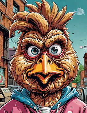 (close up, head and shoulders portrait:1.5), An extremely detailed 1980s (cartoon caricature:1.5), (oversized head caricature:1.3), anthropomorphic chicken , wearing sports suit , grunge , dystopian, in the style of garbage pail kids