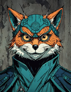 (close up, head and shoulders portrait:1.5), orange, teal, blue, violet gradient , (anthromorphic fox owl :1.5), samurai, wearing samurai armor, (strong outline sketch style:1.5), symmetrical features, gritty fantasy, (darkest dungeon art style :1.4), dark muted background, detailed,one_piece_wano_style,Dark Manga of