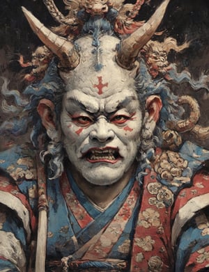 (close up, head and shoulders portrait:1.3), (anthromorphic gorgon :1.6), oni_horns, samurai , samurai armor , brown, blue, violet , white and black color scheme , (dark background:1.2), Ukiyo-e,ink,colorful,shogun