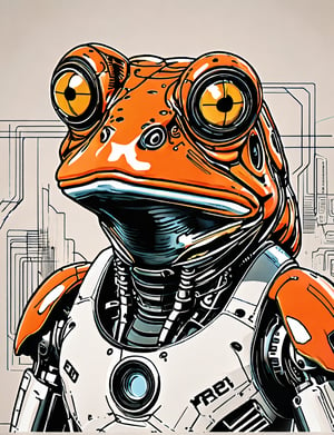 (close up, head and shoulders portrait:1.5), An extremely detailed 1970s retro-future anthropomorphic (frog:1.2) (tiger:1) robot, centered, (strong outline sketch style:1.5), (flat silkscreen art style:1.4), 1970s minimal geometric background, red, orange, black and white tones, masterpiece, epic, sharp focus,, by pascal blanche rutkowski repin artstation painting concept art of detailed character design matte painting, 4 k resolution blade runner, dark muted background, detailed, comic book,dcas_lora