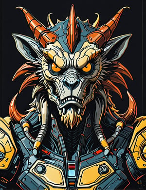 (close up, head and shoulders portrait:1.5), An extremely detailed 1970s retro-future anthropomorphic (vampire :1.2) (manticore :1.4) robot, centered, (strong outline sketch style:1.5), (flat silkscreen art style:1.9), (solid dark background:1.2), (retro color scheme), masterpiece, epic, by pascal blanche rutkowski repin artstation painting concept art of detailed character design matte painting, 4 k resolution blade runner, dark muted background, detailed, comic book,dcas_lora