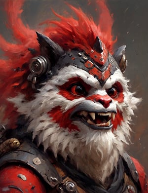 (close up, head and shoulders portrait:1.3), anthromorphic (gorilla red panda :1.2) dragon, futuristic power armor, bounty hunter , red and white and black color scheme , Disney pixar style