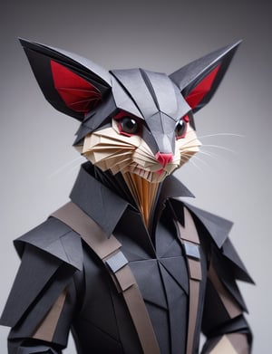 (head and shoulders portrait:2), (angry glaring villian paper sugar glider:2), menacing expression, wearing super hero outfit, made out of folded paper, origami,  light and delicate tones, clear contours, cinematic quality, dark background, highly detailed, chiaroscuro, ral-orgmi