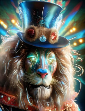 (head and shoulders portrait:1.2), (anthropomorphic lion :1.3) as circus clown performer , zorro mask, jester hat, holographic glowing eyes, wearing circus outfit , (outline sketch style:1.5), surreal fantasy, close-up view, chiaroscuro lighting, no frame, hard light, in the style of esao andrews, DonM3lv3nM4g1cXL
