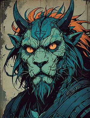 (close up, head and shoulders portrait:1.5), orange, teal, blue, violet gradient , (anthromorphic manticore :1.5), samurai wearing samurai armor, (strong outline sketch style:1.5), symmetrical features, gritty fantasy, (darkest dungeon art style :1.4), dark muted background, detailed,Dark Manga of