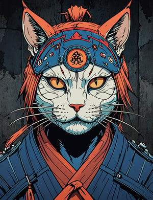 (close up, head and shoulders portrait:1.5), red, orange, blue, violet gradient , male,(anthromorphic cat:1.5), samurai, wearing samurai armor, (strong outline sketch style:1.5), symmetrical features, gritty fantasy, (darkest dungeon art style :1.4), dark muted background, detailed, one_piece_wano_style, Dark Manga of,anime screencap,Dark Anime of