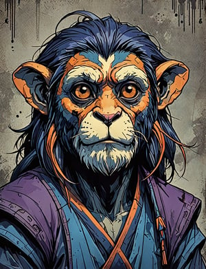 (close up, head and shoulders portrait:1.5), violet, orange, blue gradient ,(anthropomorphic tamarin with long beard :1.5), (angular shapes:1.7), samurai, wearing samurai armor, (strong outline sketch style:1.5), symmetrical features, gritty fantasy, (darkest dungeon art style :1.4), dark muted background, detailed, Dark Manga of,Dark Anime of,comic book