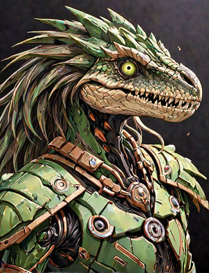 (head and shoulders portrait:1.2), a Warforged velociraptor  , sentient construct of gleaming black and green metal and gears, is dressed in intricately detailed armor. dark background , Inspired by the art of Destiny 2 and the style of Guardians of the Galaxy,art_booster