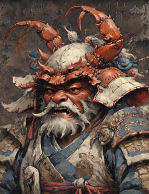 (close up, head and shoulders portrait:1.3), (anthromorphic crab  :1.6), oni_horns, samurai , samurai armor , brown, blue, violet , white and black color scheme , (dark background:1.2), Ukiyo-e,ink,colorful,shogun