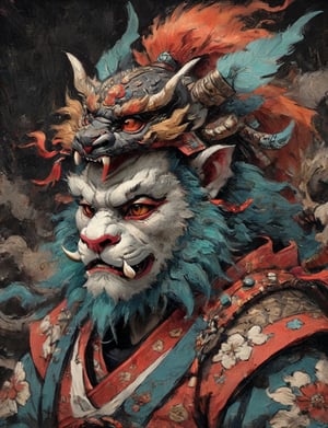(close up, head and shoulders portrait:1.3), anthromorphic ( manticore :1.4) neck and chest fur, samurai helmet, oni_horns, samurai , black samurai armor, red, aqua, orange, blue , white and black color scheme , (dark background:1.2), Disney pixar style,Ukiyo-e,ink,colorful,shogun