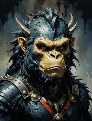 art by simon bisley, art by ralph steadman, art by vallejo, a masterpiece, stunning detail, (head and shoulders portrait:1.3), (anthropomorphic (dragon1.4)  (gorilla :1.5) :1.3), supreme wearing black leather armor, creature fur scales , dark background 