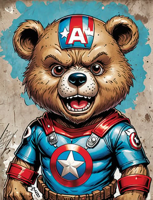 (close up, head and shoulders portrait:1.5), An extremely detailed 1980s (cartoon caricature:1.5), (oversized head caricature:1.3), anthropomorphic bear  , wearing super hero captain America suit , grunge , dystopian, in the style of garbage pail kids