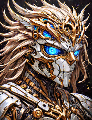 (head and shoulders portrait:1.2), a Warforged falcon , sentient construct of gleaming opalescent and black metal and gears, is dressed in intricately detailed armor. dark background , Inspired by the art of Destiny 2 and the style of Guardians of the Galaxy,art_booster