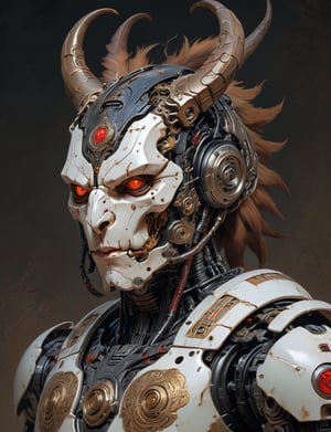 A male, (cybernetic robot:3), biomechanical, (manticore :3) , wearing intricate necromancer armor . red eyes, dark background, serious face expression. head and shoulders portrait , hyper-detailed oil painting, art by Greg Rutkowski and (Norman Rockwell:1.5) , illustration style, symmetry , sci-fi interior setting , huayu