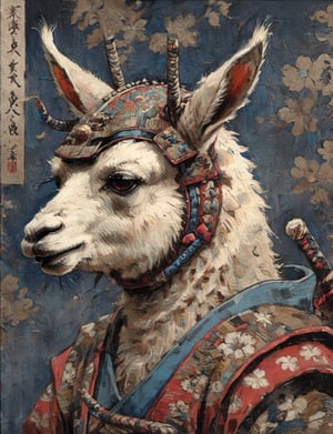 (close up, head and shoulders portrait:1.3), (anthromorphic llama :1.6), oni_horns, samurai , samurai armor , brown, blue, violet , white and black color scheme , (dark background:1.2), Ukiyo-e,ink,colorful,shogun