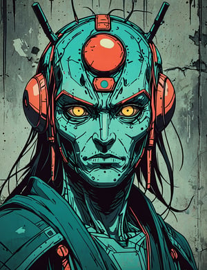 (close up, head and shoulders portrait:1.5), red, orange, green, teal, aqua, blue, violet gradient ,(robot :1.5), (sphere shaped head:1.7), samurai, wearing samurai armor, (strong outline sketch style:1.5), symmetrical features, gritty fantasy, (darkest dungeon art style :1.4), dark muted background, detailed, one_piece_wano_style, Dark Manga of,anime screencap,Dark Anime of