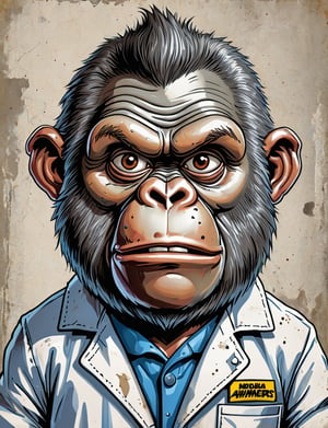 (close up, head and shoulders portrait:1.5), An extremely detailed 1980s (cartoon caricature:1.5), (oversized head caricature:1.3), anthropomorphic gorilla , wearing lab coat , grunge , dystopian, in the style of garbage pail kids