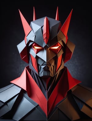 (head and shoulders portrait:2), (angry glaring villian paper robot:2), menacing expression, wearing super hero outfit, made out of folded paper, origami,  light and delicate tones, clear contours, cinematic quality, dark background, highly detailed, chiaroscuro, ral-orgmi