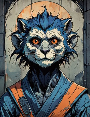 (close up, head and shoulders portrait:1.5), violet, orange, blue gradient ,(anthropomorphic bengal langur marmot :1.5), (angular shapes:1.7), samurai, wearing samurai armor, (strong outline sketch style:1.5), symmetrical features, gritty fantasy, (darkest dungeon art style :1.4), dark muted background, detailed, Dark Manga of,Dark Anime of,comic book