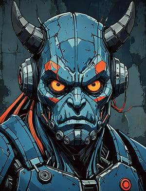 (close up, head and shoulders portrait:1.5), red, orange, blue gradient ,(anthropomorphic cyclops ogre biomechanical robot :1.5), (angular shapes:1.7), samurai, wearing samurai armor, (strong outline sketch style:1.5), symmetrical features, gritty fantasy, (darkest dungeon art style :1.4), dark muted background, detailed, Dark Manga of,Dark Anime of