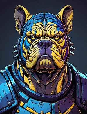 (close up, head and shoulders portrait:1.3), yellow and blue gradient , (anthromorphic bulldog tiger :1.6), wearing blue and violet sci-fi polycarbonate armor, (strong outline sketch style:1.5), gritty fantasy, (darkest dungeon art style :1.4), dark muted background, detailed