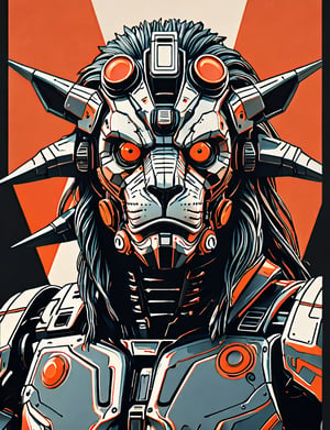 (close up, head and shoulders portrait:1.5), An extremely detailed 1970s retro-future anthropomorphic manticore robot, centered, (strong outline sketch style:1.5), 1970s minimal geometric background, red, orange, black and white tones, masterpiece, epic, sharp focus,, by pascal blanche rutkowski repin artstation painting concept art of detailed character design matte painting, 4 k resolution blade runner, dark muted background, detailed, comic book,dcas_lora