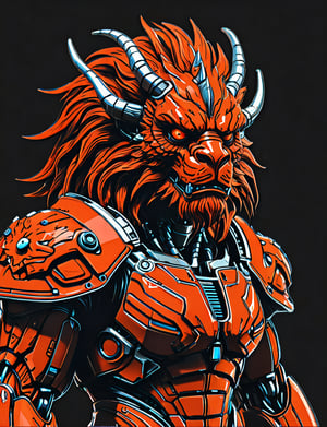 (close up, head and shoulders portrait:1.5), An extremely detailed 1970s retro-future anthropomorphic (oni :1.2) (manticore :1.4) robot, centered, (strong outline sketch style:1.5), (flat silkscreen art style:1.9), solid dark background, red, orange, sapphire, black and white tones, masterpiece, epic, by pascal blanche rutkowski repin artstation painting concept art of detailed character design matte painting, 4 k resolution blade runner, dark muted background, detailed, comic book,dcas_lora